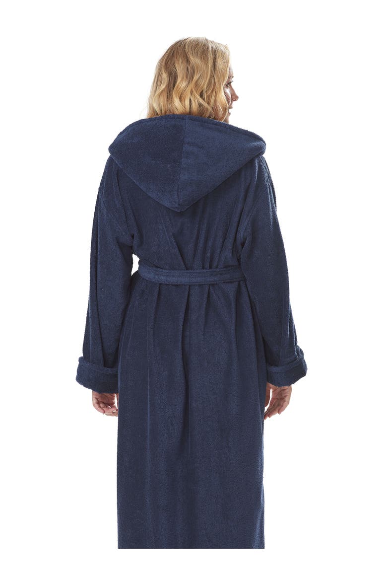 Womens GOTS Certified Oganic Cotton Long Hooded Robe, Alternate, color, Navy
