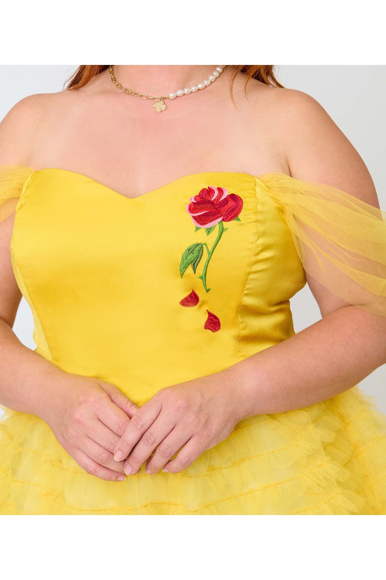 Plus Size Tulle Off The Shoulder Swing Dress, Alternate, color, Yellow W/ Rose Embroidery