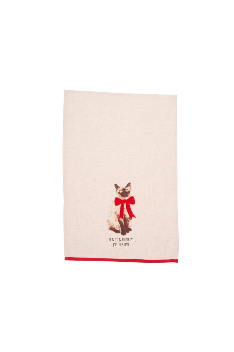 Festive Siamese Cat with Ribbon Vintage Christmas Towel, Alternate, color, Beige