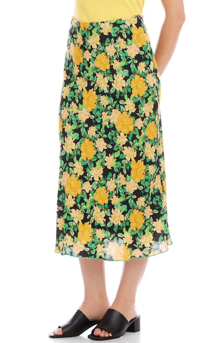 Karen Kane Floral Print Bias Cut Midi Skirt, Alternate, color, Yellow Floral