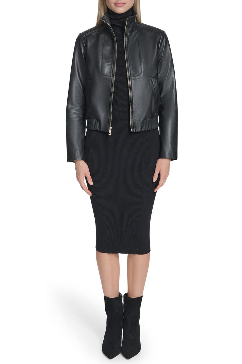 Stand Collar Leather Bomber Jacket, Alternate, color, BLACK