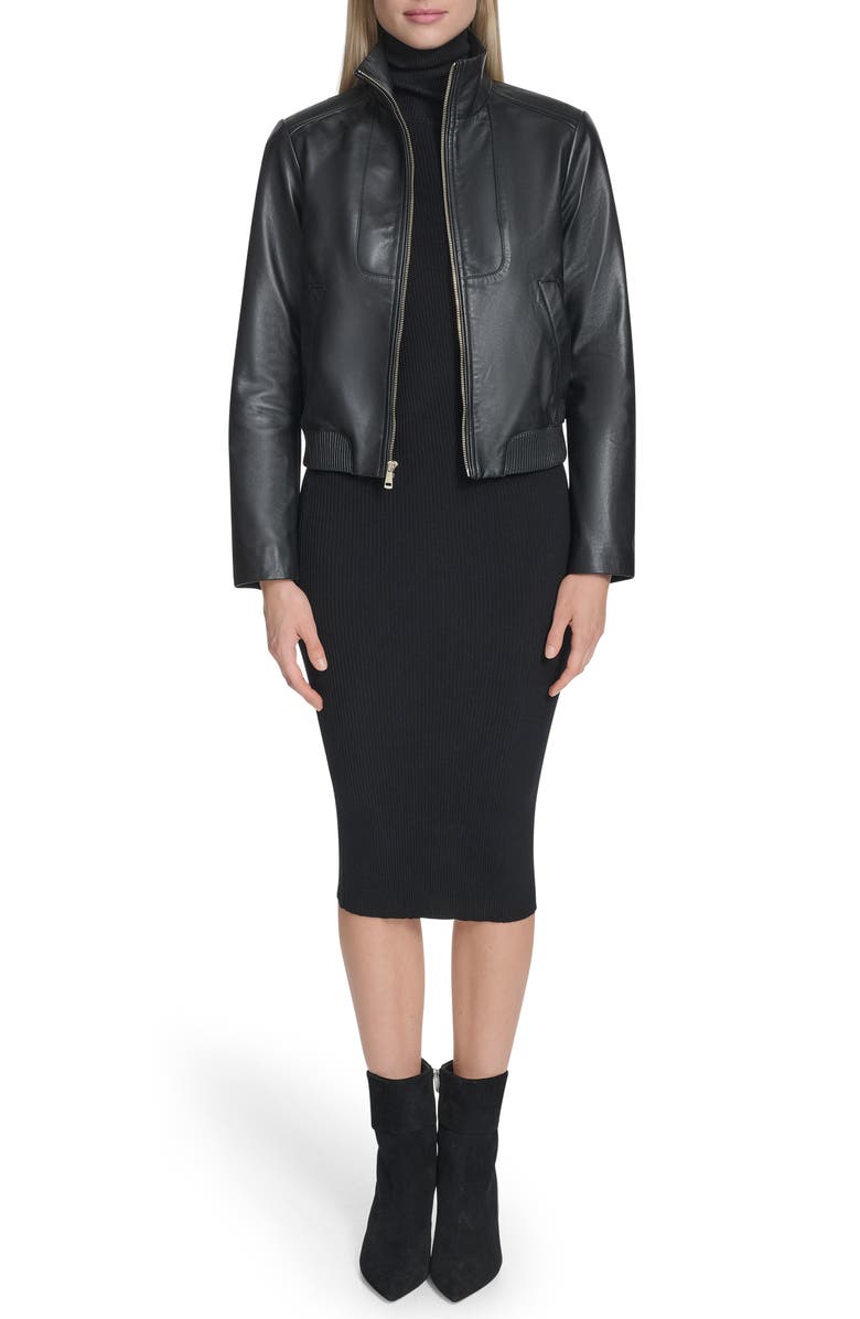 Cole Haan Stand Collar Leather Bomber Jacket, Alternate, color, Black