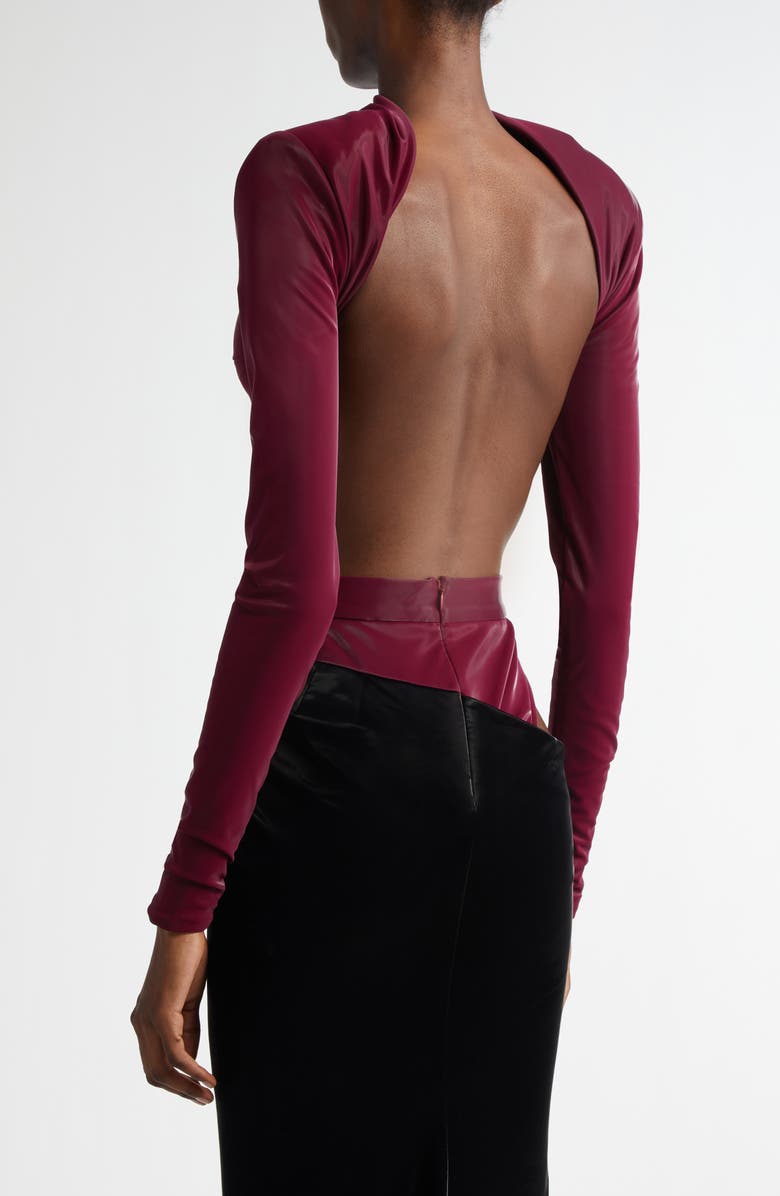 LaQuan Smith Portrait Neck Faux Leather Bolero, Alternate, color,