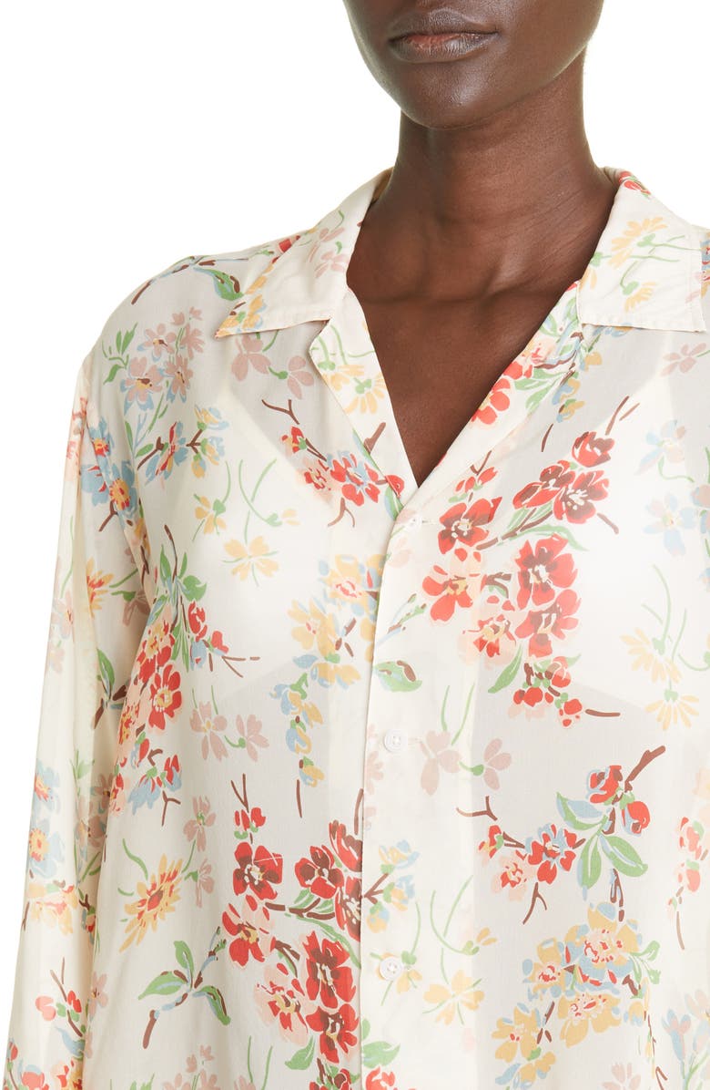 Bode Flowering Crabapple Sheer Long Sleeve Silk Button-Up Shirt, Alternate, color,