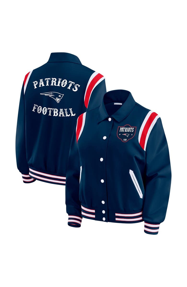 WEAR by Erin Andrews Women's WEAR by Erin Andrews Navy New England Patriots Varsity Lightweight Full-Snap Jacket, Main, color, Navy