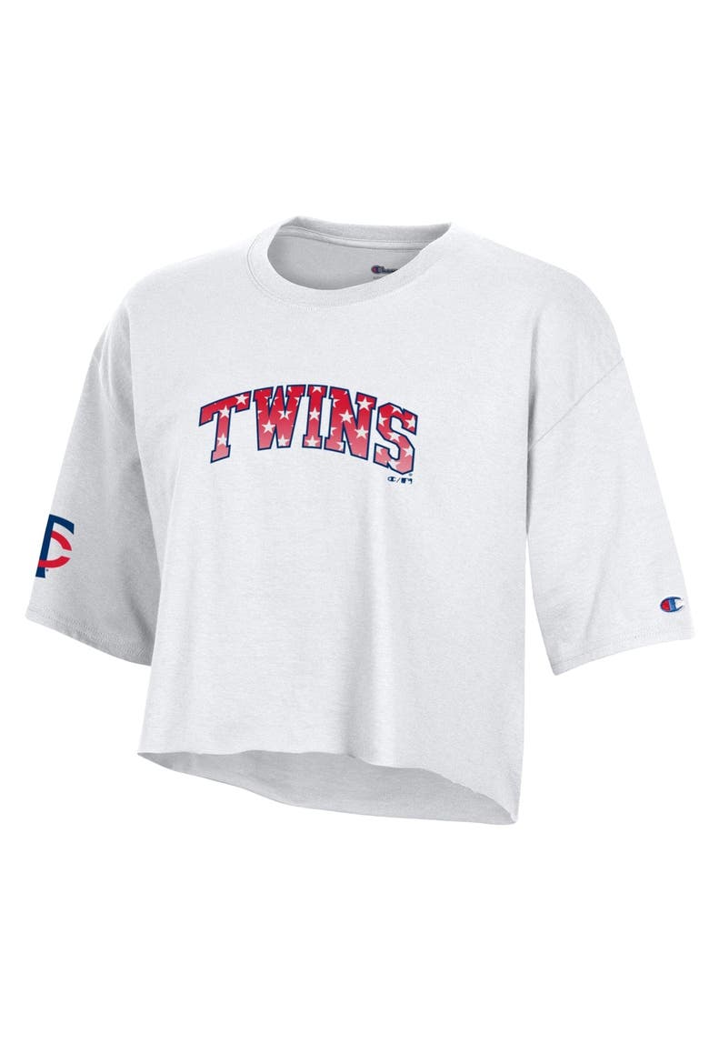 Women's Champion  White Minnesota Twins Boyfriend Cropped Americana T-Shirt, Alternate, color, White