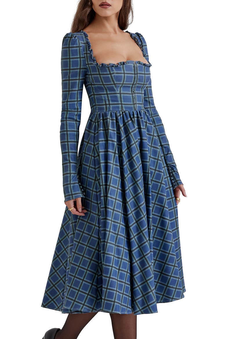 Delia Long Sleeve Midi Cocktail Dress, Alternate, color, BLUE TARTAN PRINT