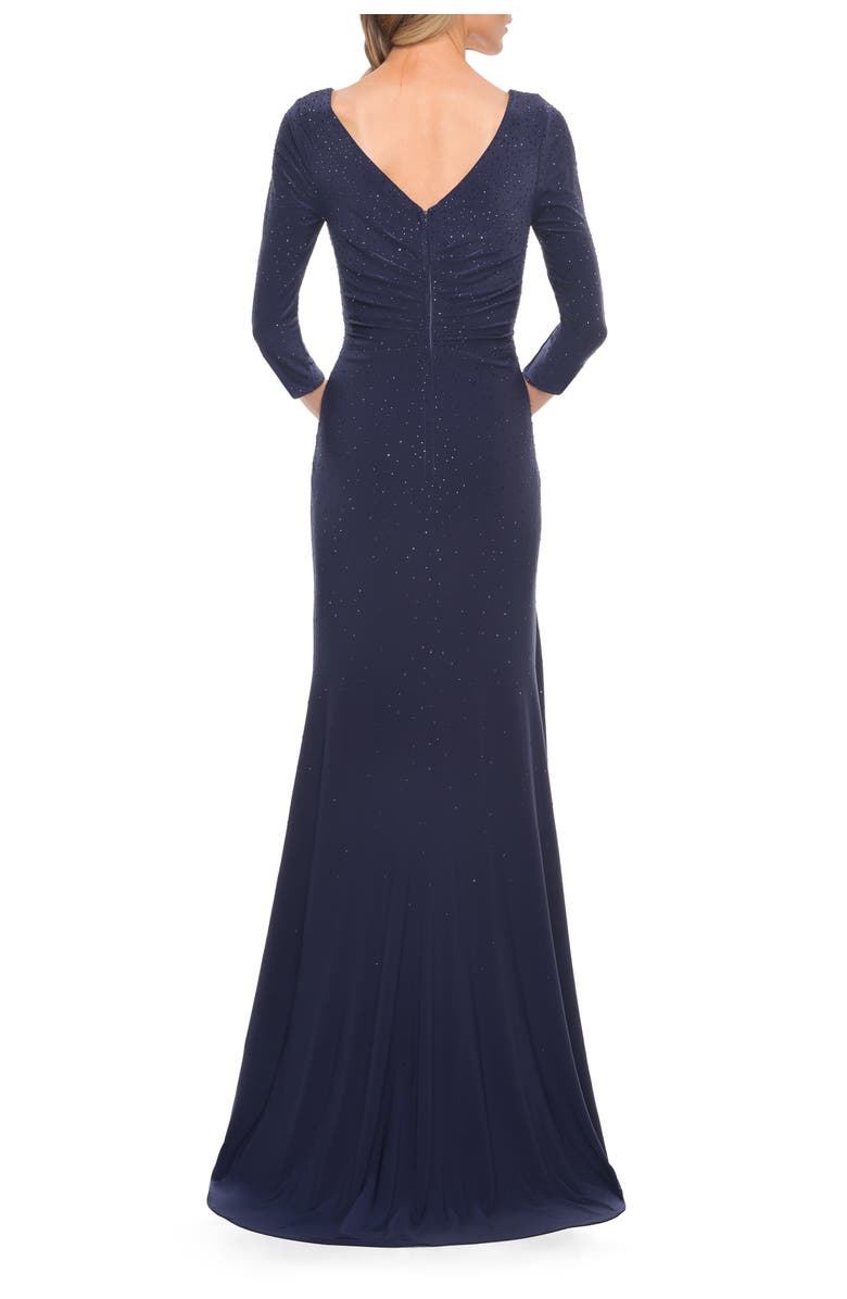 La Femme Elegant Jersey Dress with Ruching and Ruffle Detail, Alternate, color, Navy