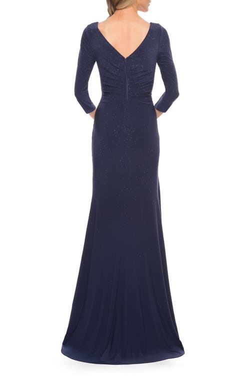 La Femme Elegant Jersey Dress With Ruching And Ruffle Detail In Navy