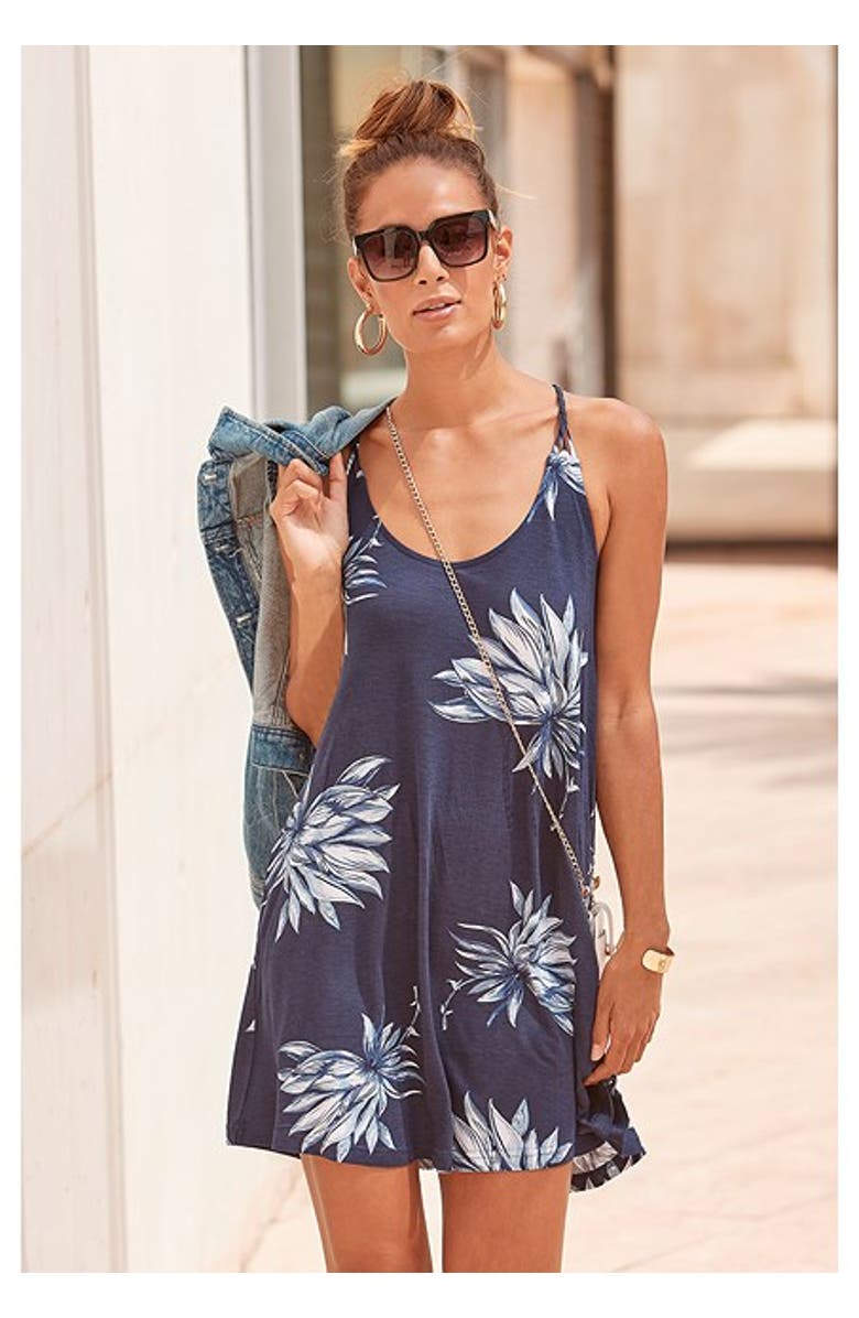 LASCANA Women's Beaded Strap Print Dress, Alternate, color, Dark Blue Multi