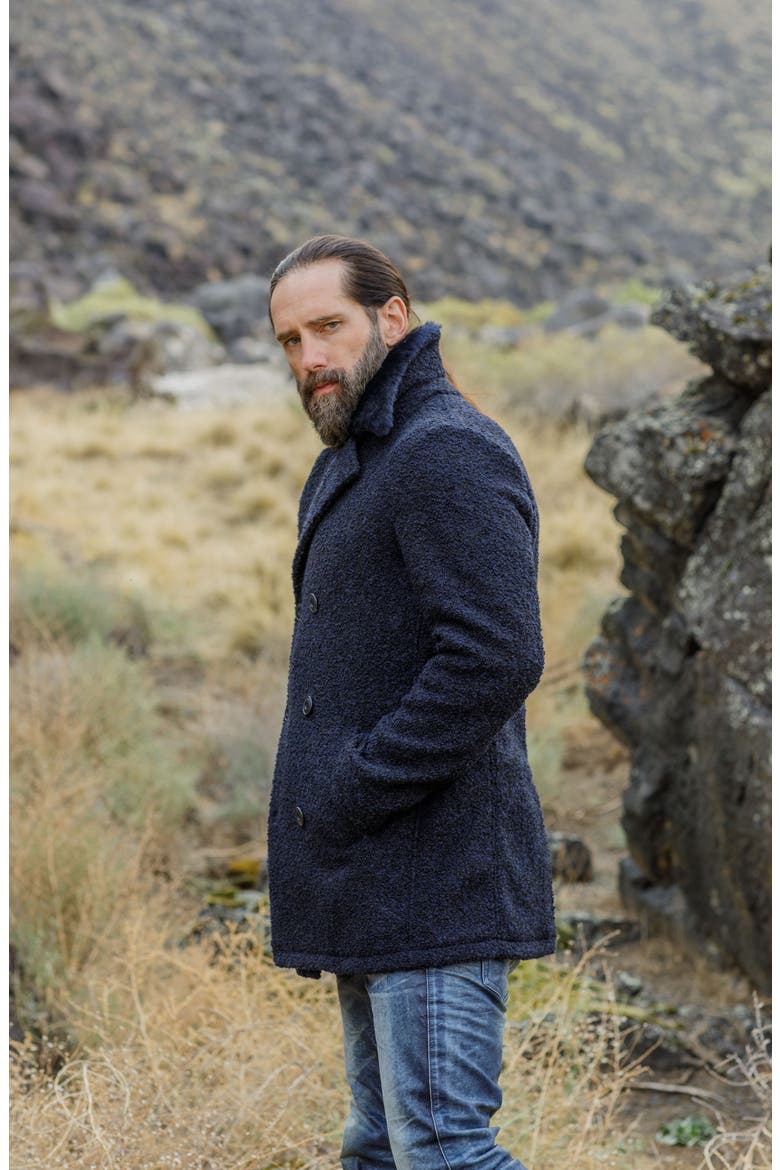 Double Breasted Wool Blend Bouclé Jacket with Shearling Trim, Alternate, color, NAVY