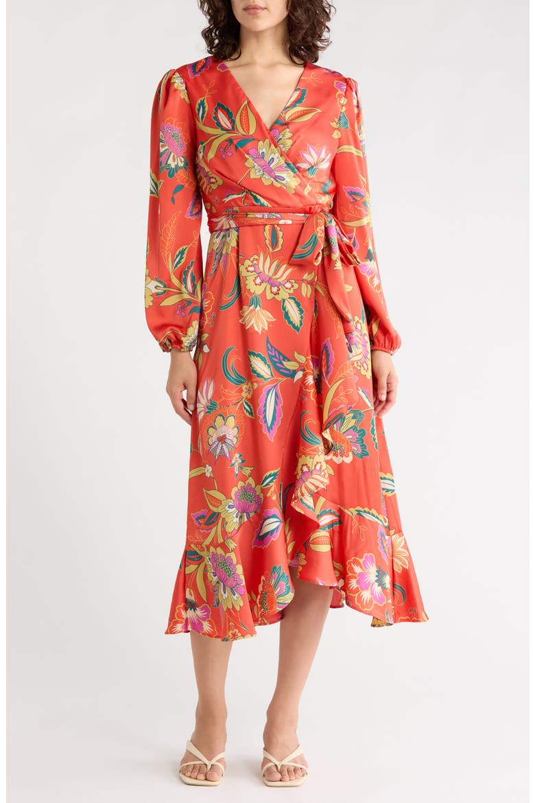 Tie Waist Long Sleeve Midi Dress, Main, color, TOMATO MULTI