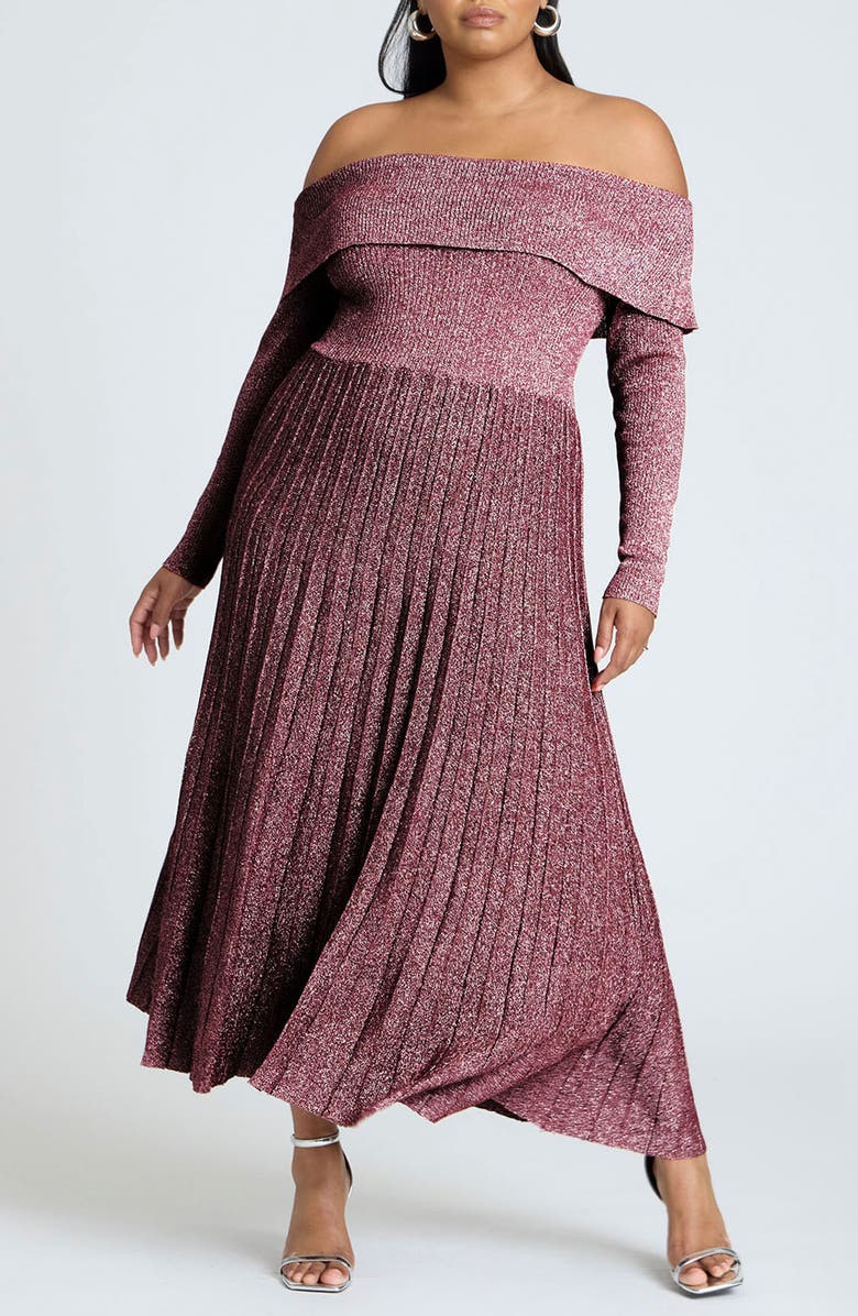 ELOQUII Metallic Pleated Off the Shoulder Long Sleeve Maxi Sweater Dress, Main, color, 