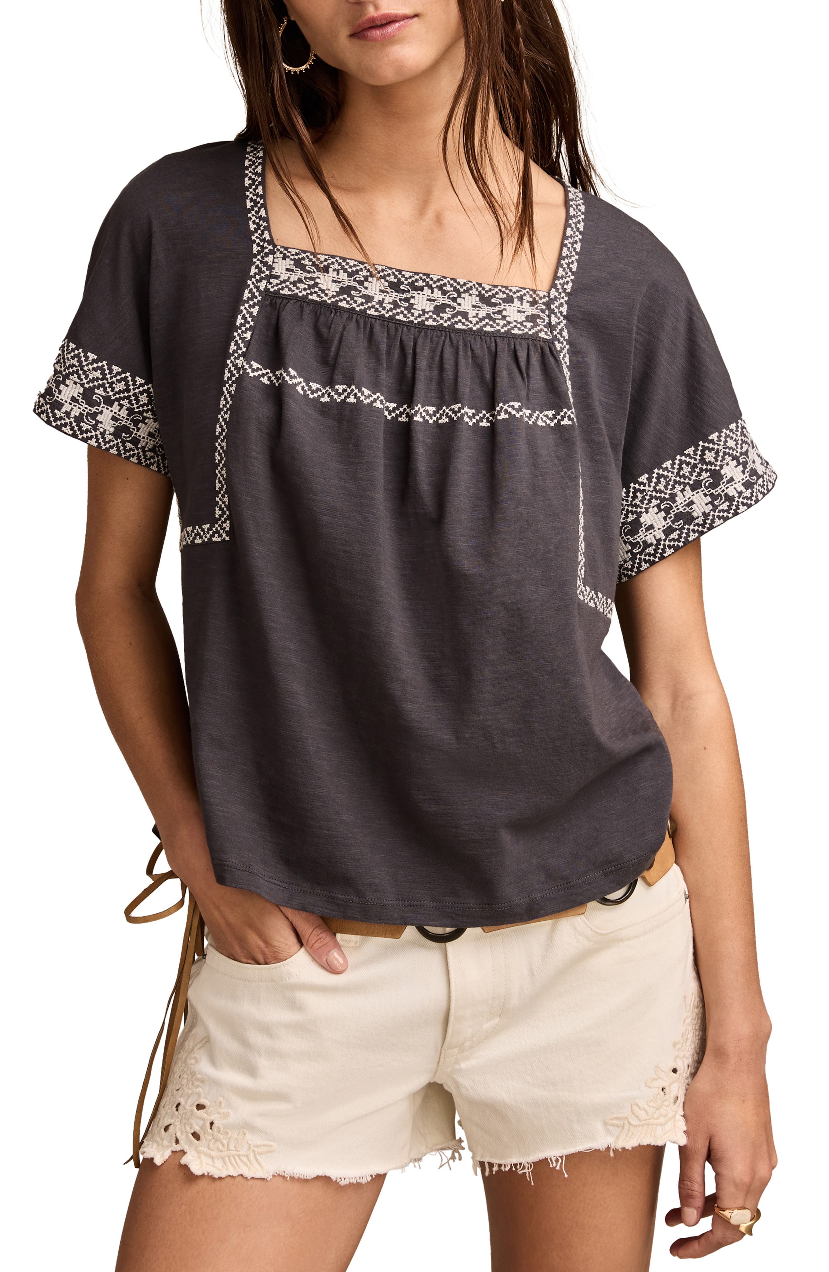 lucky brand black embroidered top