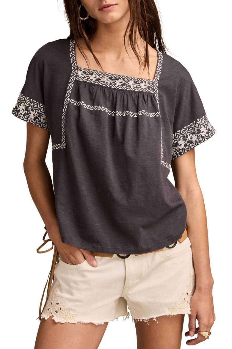 Embroidered Short Sleeve Cotton Peasant Top, Main, color, ASPHALT