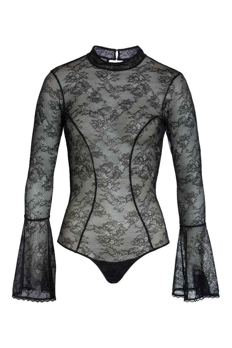 Lana Bell Sleeve Lace Thong Bodysuit, Alternate, color, BLACK