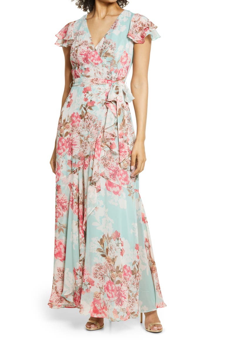 Floral Flutter Sleeve Dress, Main, color, MINT MULTI