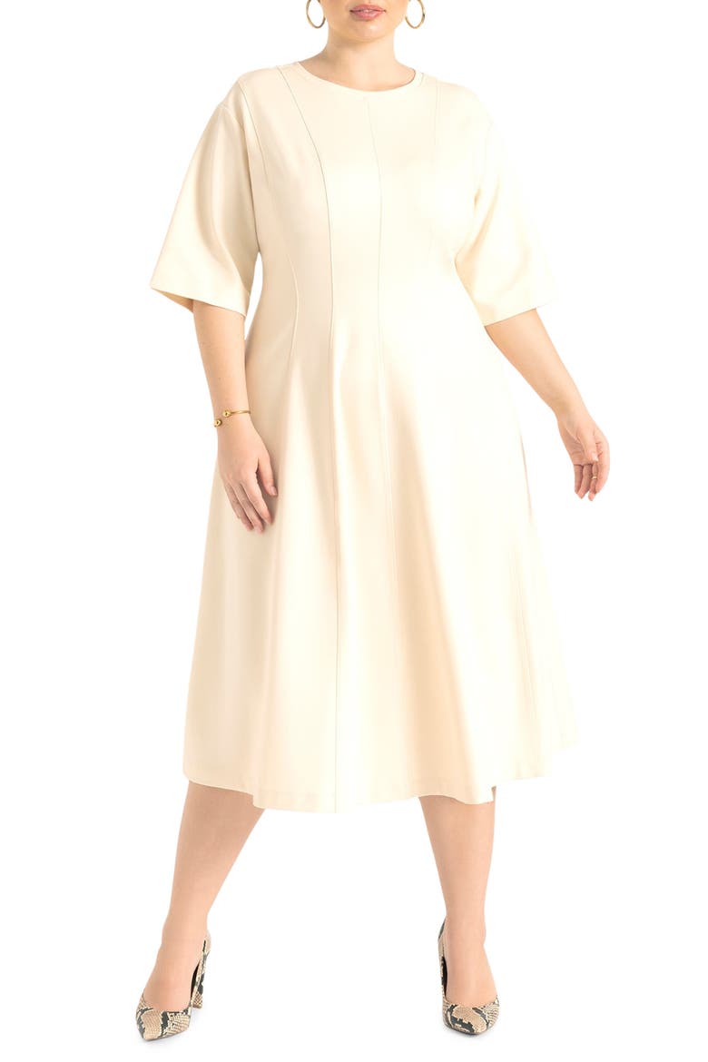 Seam Detail Ponte Workwear Midi Dress, Main, color, WHITE SMOKE