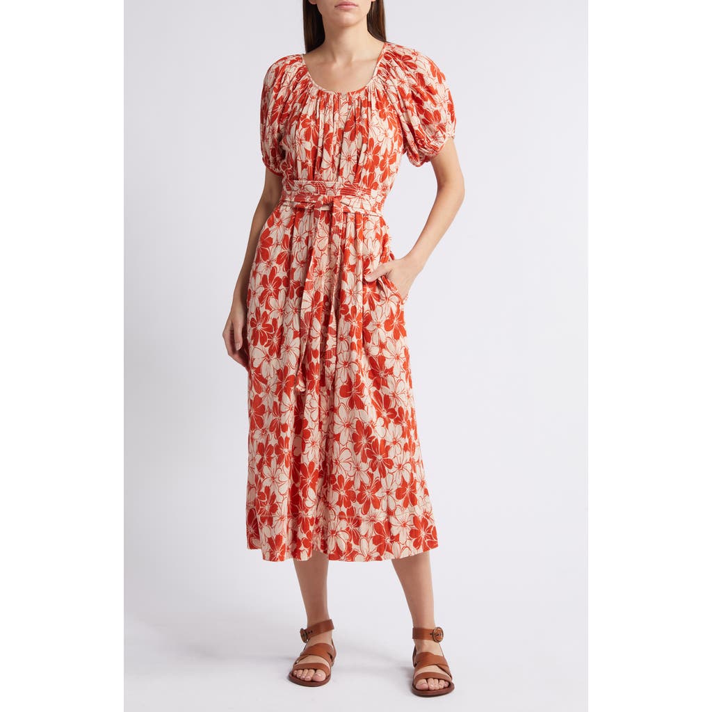 The Great . The Seascape Floral Crinkle Cotton Dress In Burnt Red Hibiscus Flower