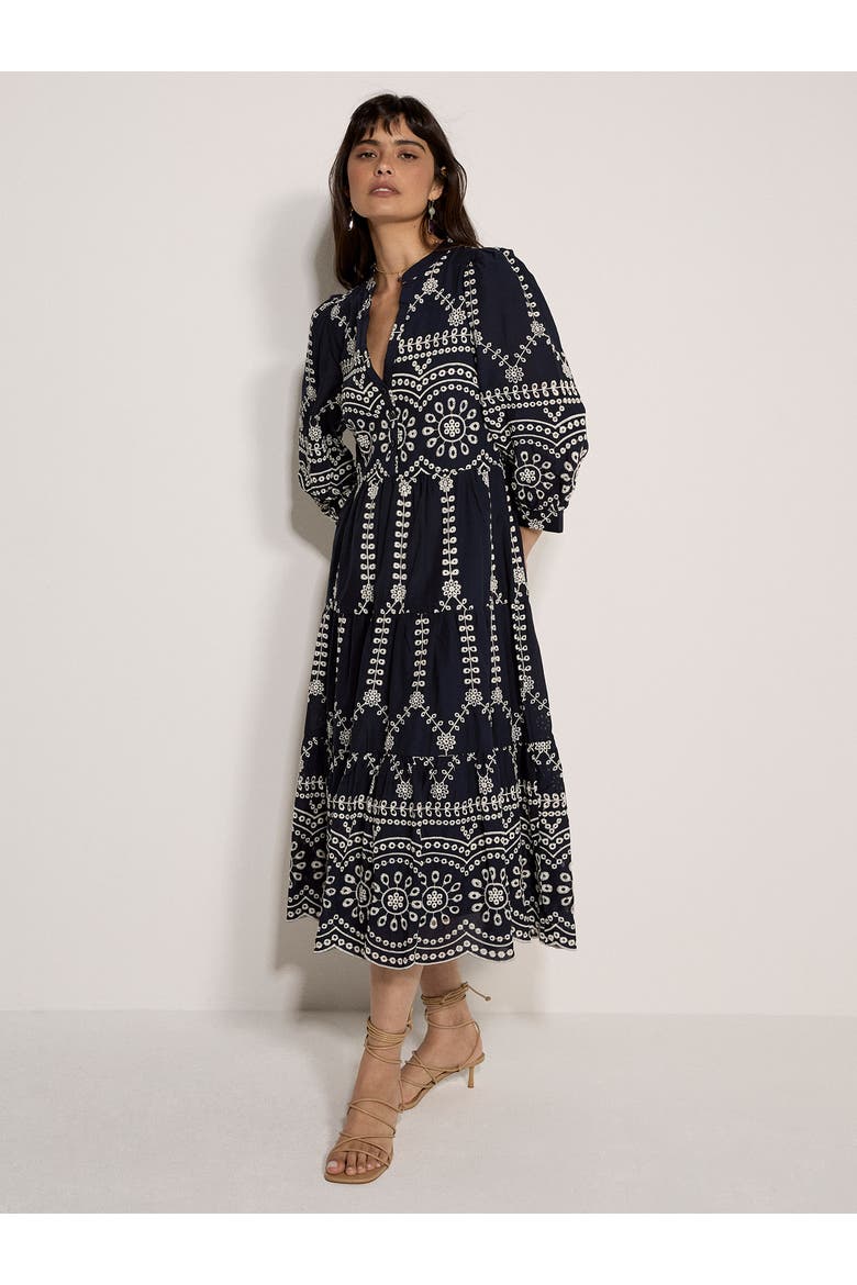 Contrast Broderie Anglaise Midi Dress, Main, color, Navy