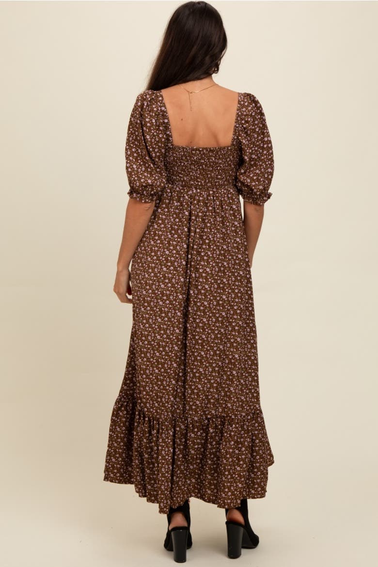Floral Pleated Bodice Maxi Dress, Alternate, color, Mocha