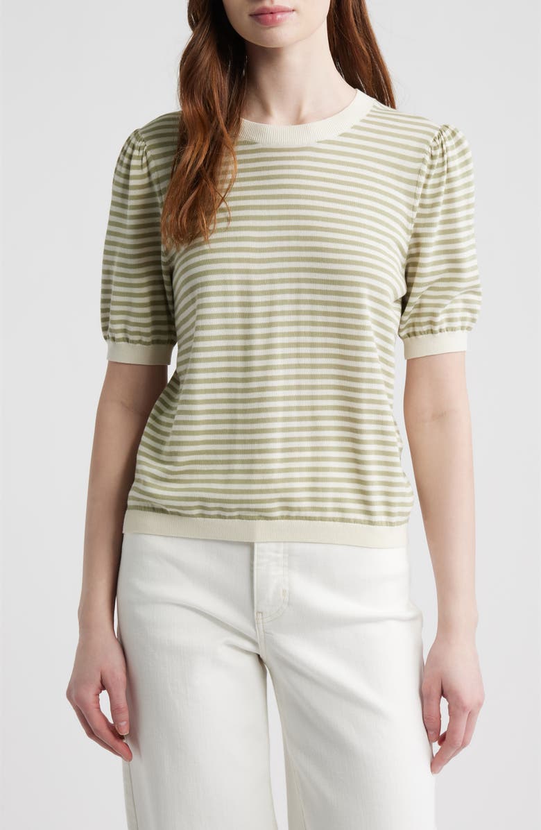 FRAME The Stripe Gather Crop Cotton & Modal Sweater, Main, color, Sage Multi