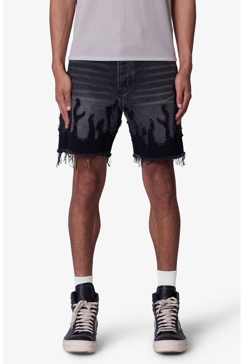 Flame Denim Shorts, Main, color, WASHED BLACK
