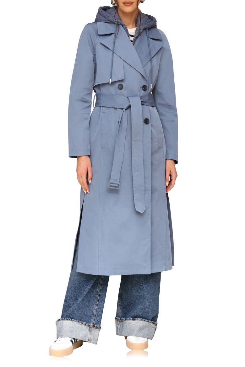 Double Breasted Trench Coat with Hooded Quilted Dickey, Main, color, SLATE