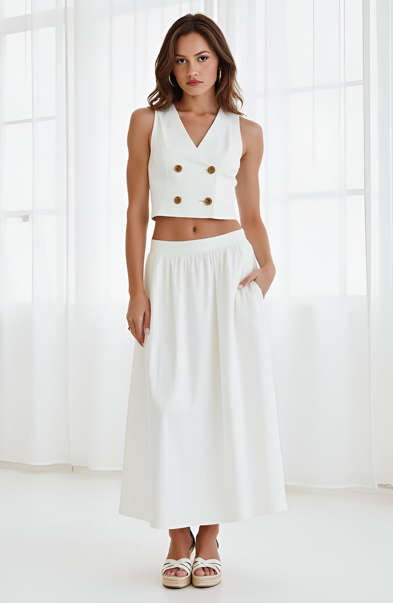 Modenaire Double-Breasted Vest and Maxi Skirt Set, Main, color, White