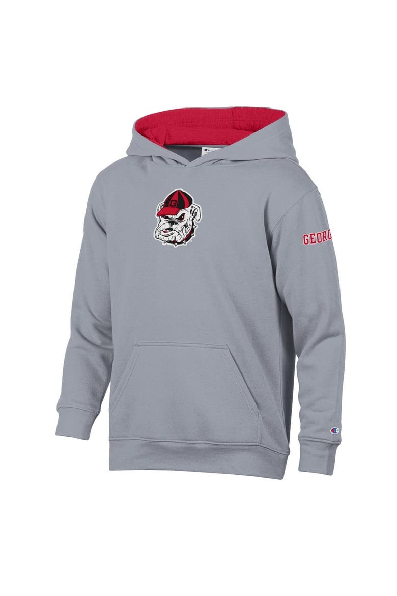 Youth Champion  Heather Gray/Red Georgia Bulldogs Volume Fleece Hoodie, Main, color, Heather Gray