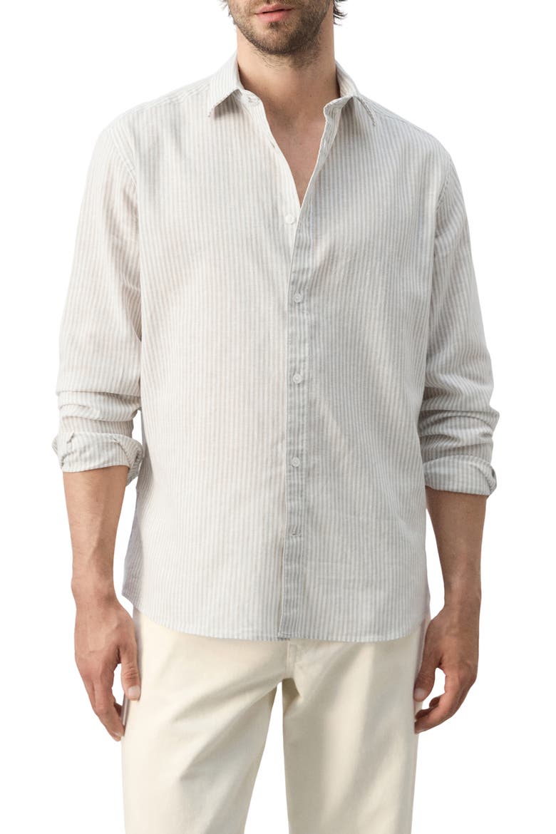 Regular Fit Stripe Cotton & Linen Button-Up Shirt, Main, color, SAND