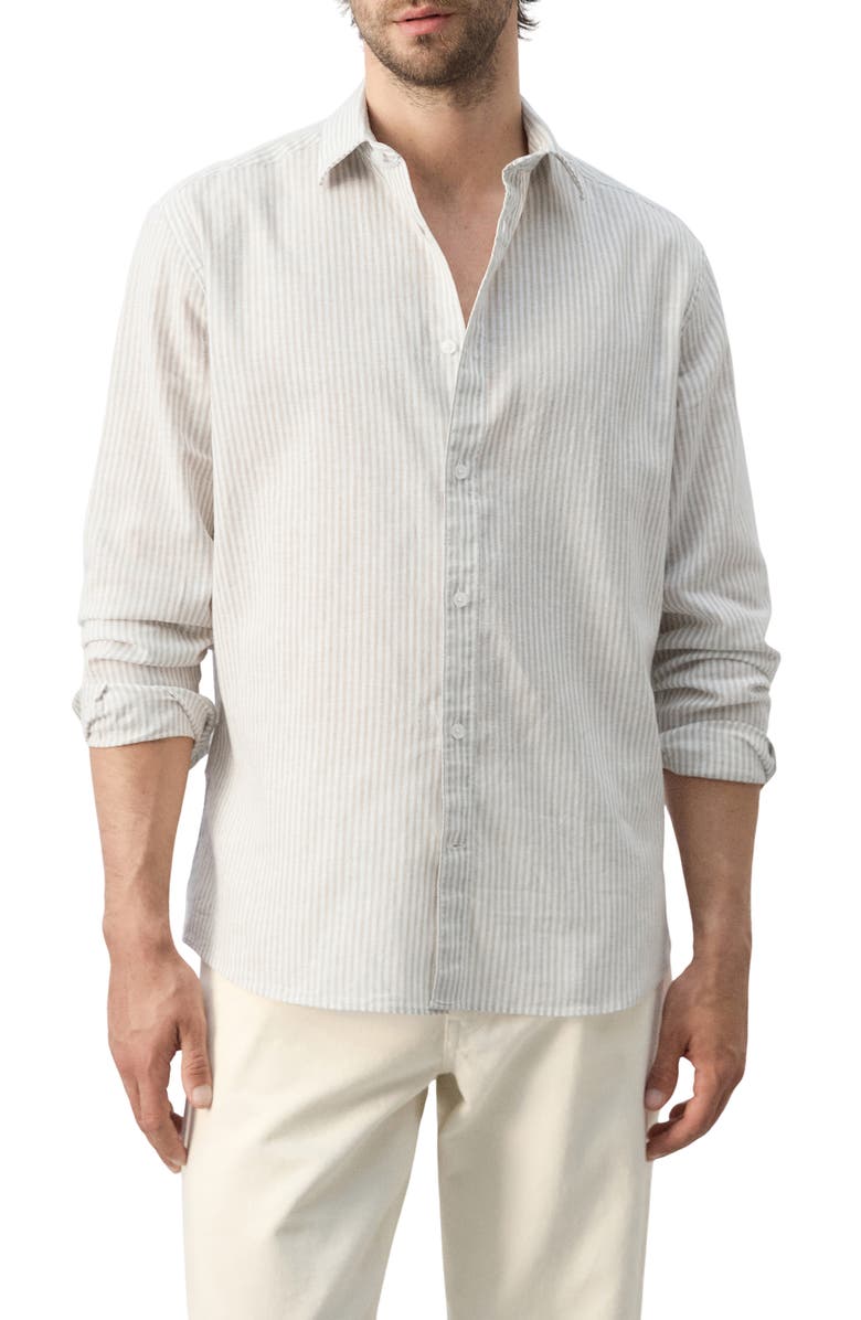 MANGO Regular Fit Stripe Cotton & Linen Button-Up Shirt, Main, color, Sand