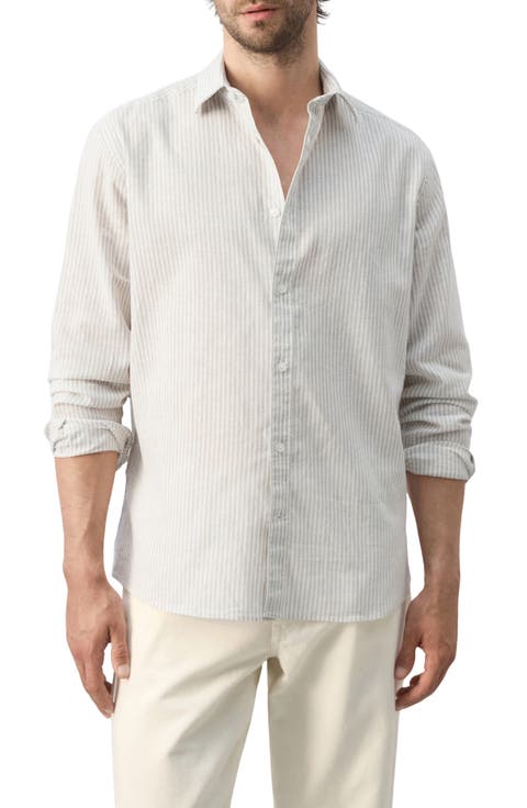 Regular Fit Stripe Cotton & Linen Button-Up Shirt