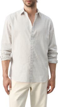 MANGO Regular Fit Stripe Cotton & Linen Button-Up Shirt
