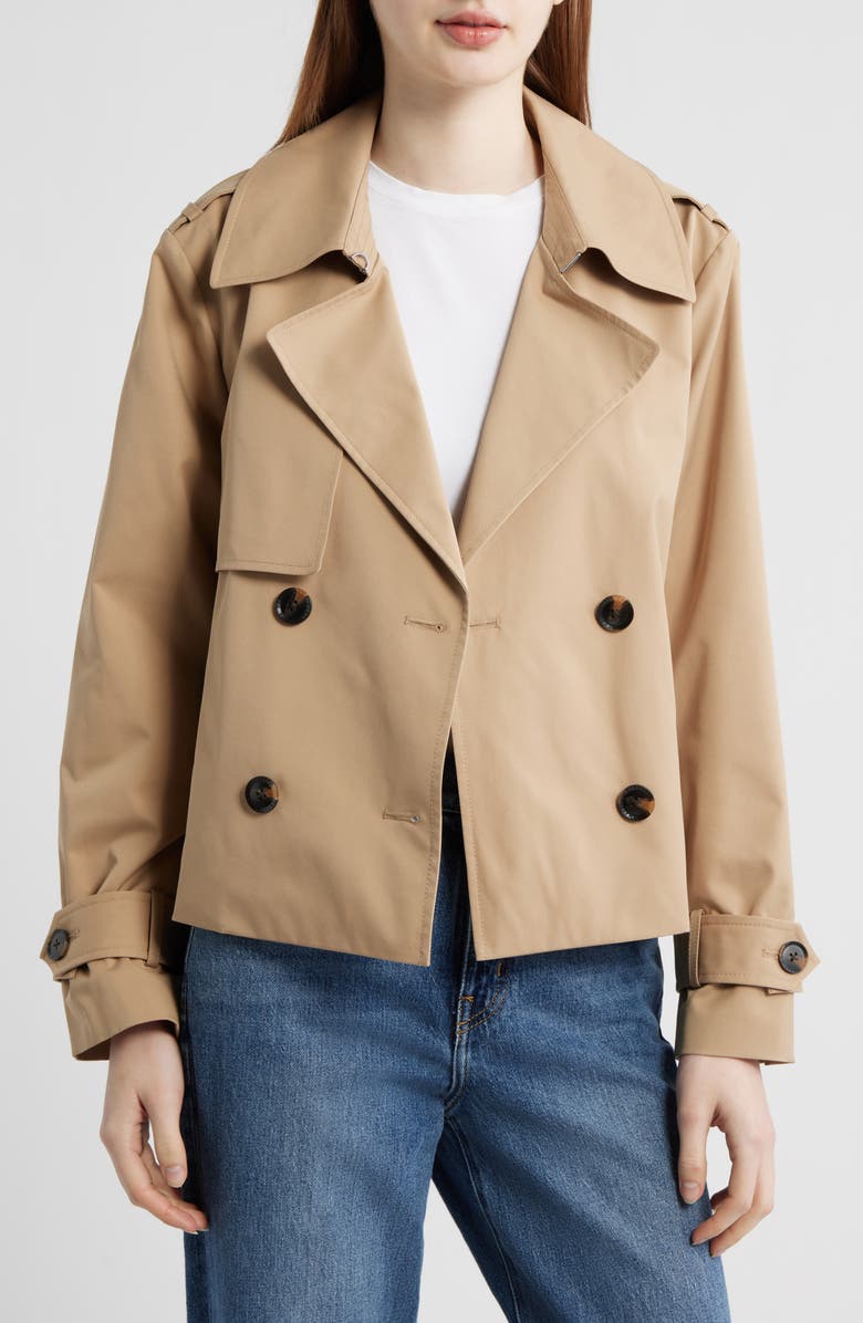 BCBG Floral Lining Short Trench Coat, Alternate, color, Camel