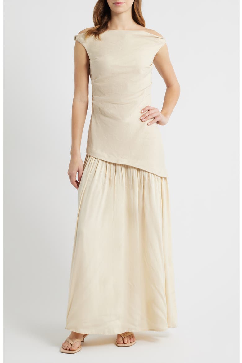 Roma Asymmetric Off the Shoulder Maxi Dress, Main, color, PANNA