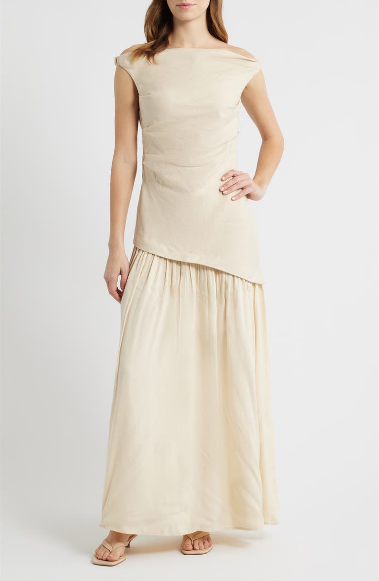 Faithfull the Brand Roma Asymmetric Off the Shoulder Maxi Dress, Main, color, Panna