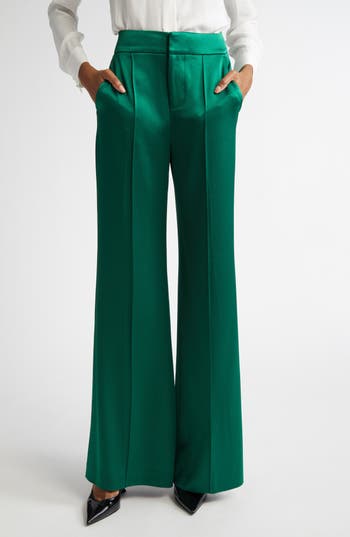 Alice And Olivia Alice + Olivia Dylan Piped Satin Wide Leg Pants In Forest Green