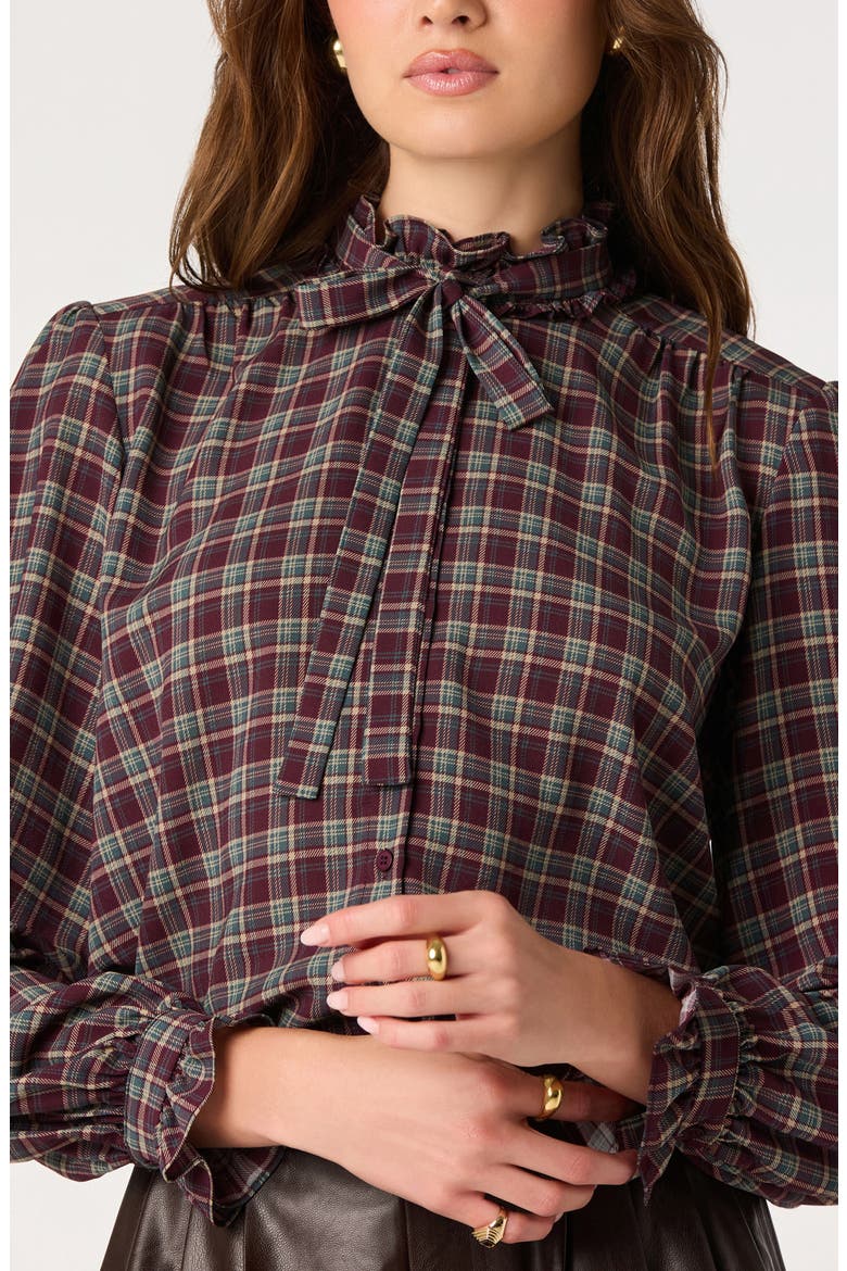 Alyssa Plaid Tie Neck Top, Alternate, color, EGGPLANT PLAID