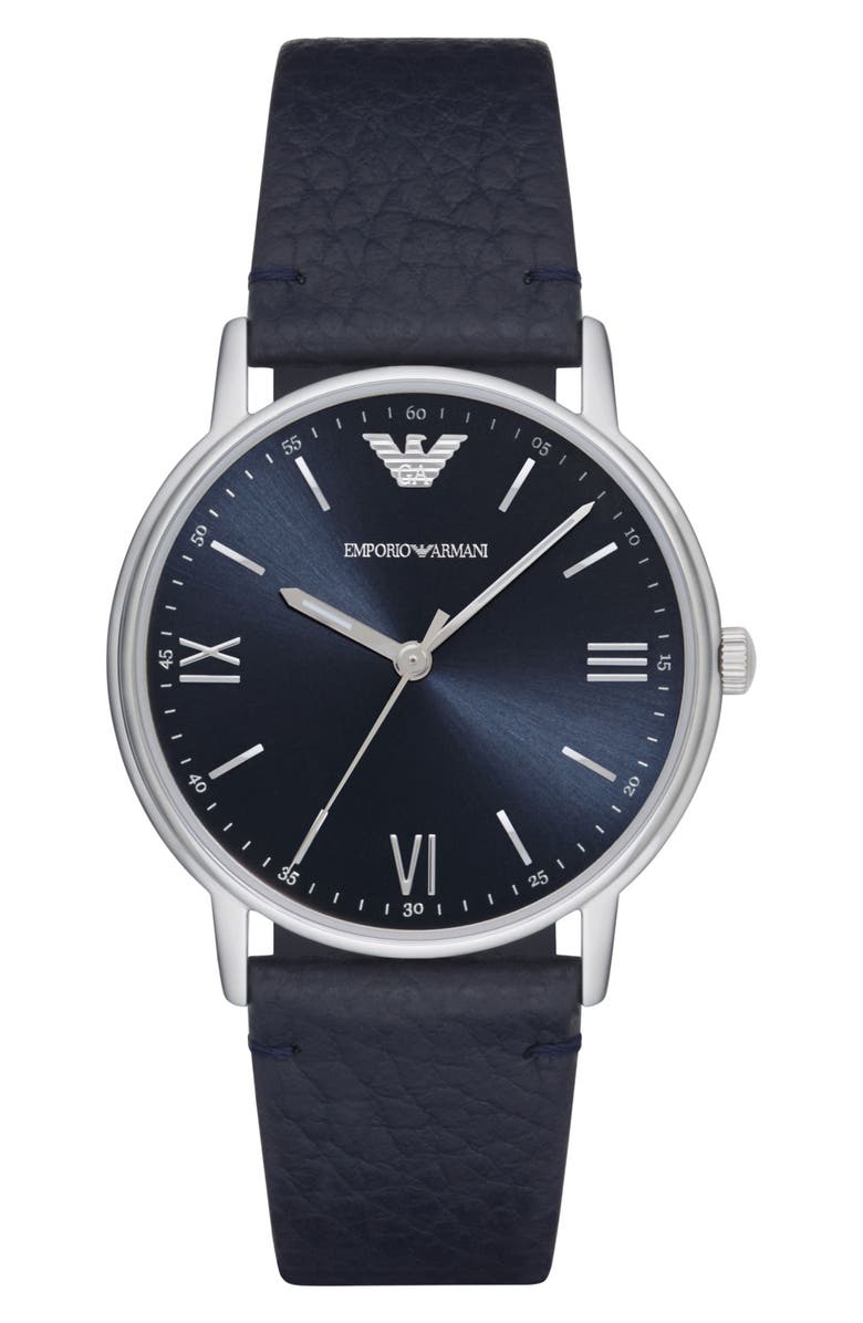 Emporio Armani Men's Kappa 3-Hand Quartz Leather Strap Watch, 41mm, Alternate, color, Blue/ Blue
