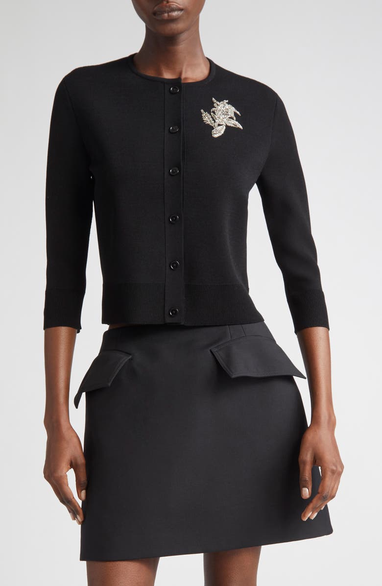 McQueen Banshee Embroidery Crop Cardigan, Main, color, Black/ Crystal