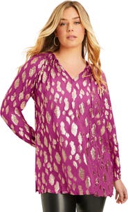 June + Vie Metallic Print Blouse