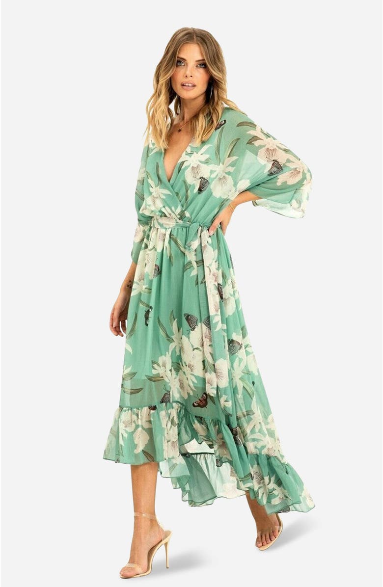 Yumi Dip Hem Kimono Sleeve Dress, Main, color, Mint