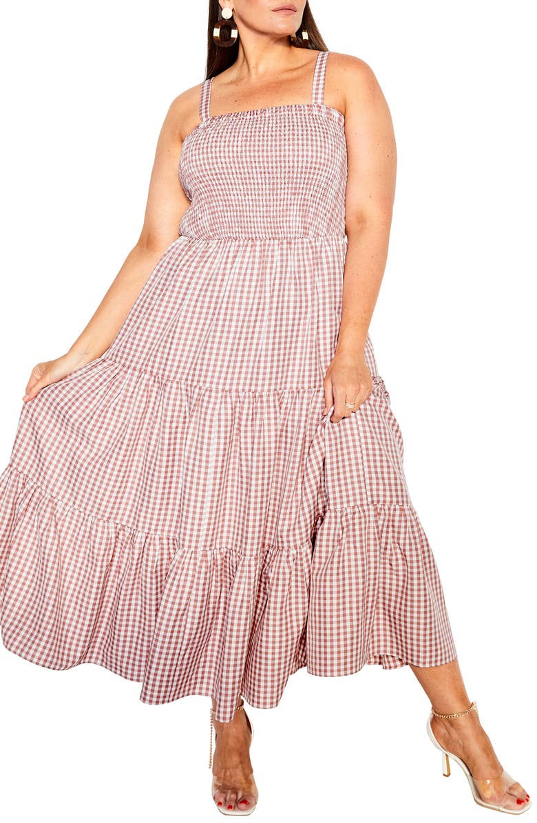 City Chic Gingham Smocked Maxi Sundress, Main, color, 