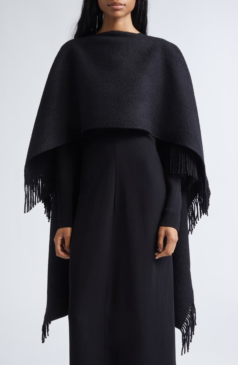 TOTEME Fringe High-Low Wool Blend Poncho, Main, color, Black