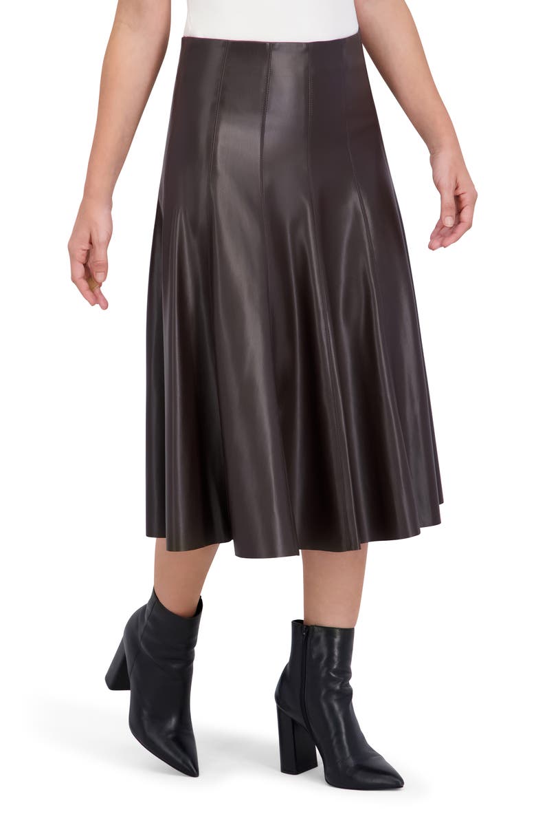 Ookie & Lala Supersoft Faux Leather Flounce Midi Skirt, Alternate, color, Brown