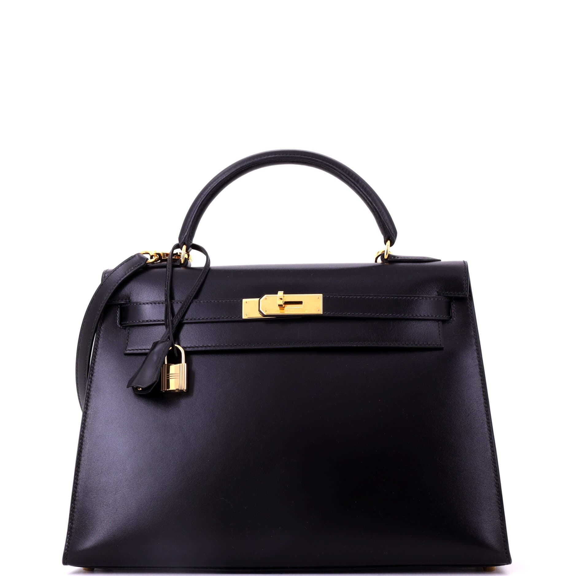Pre-Owned Hermes Kelly Handbag Black Box Calf with Gold Hardware 32, Main, color, Noir