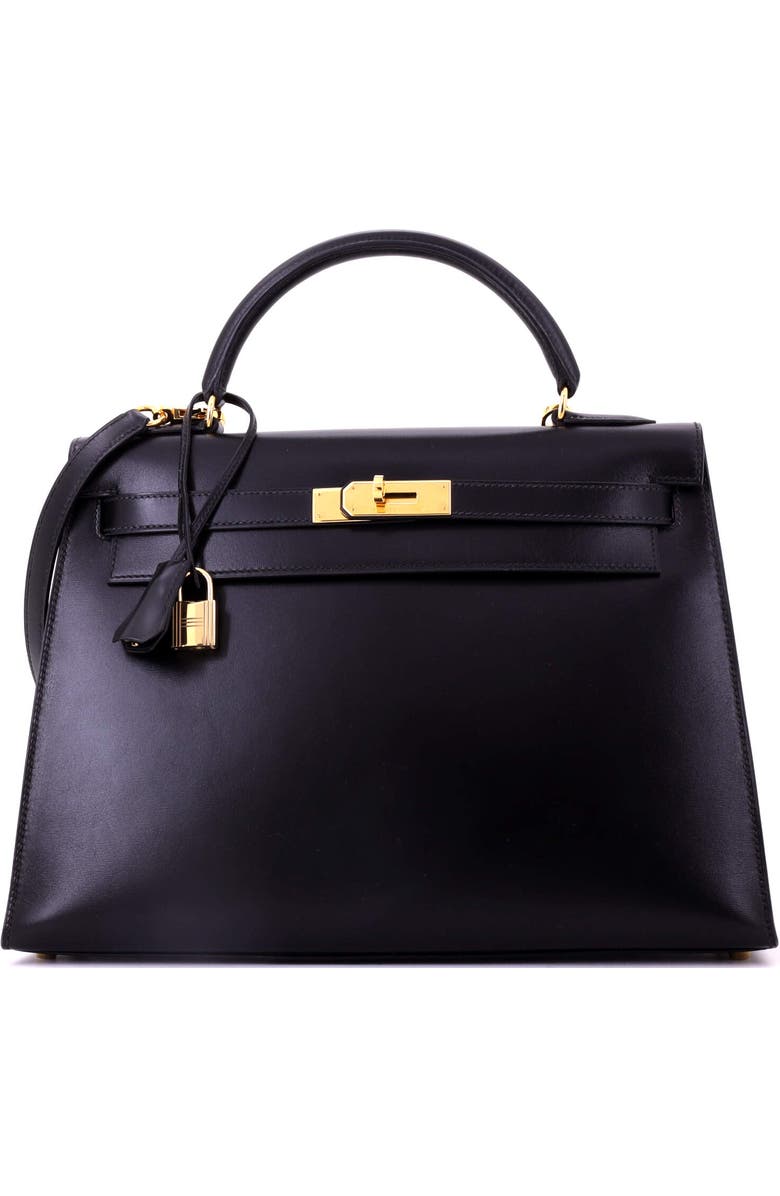 Pre-Owned Hermes Kelly Handbag Black Box Calf with Gold Hardware 32, Main, color, Noir