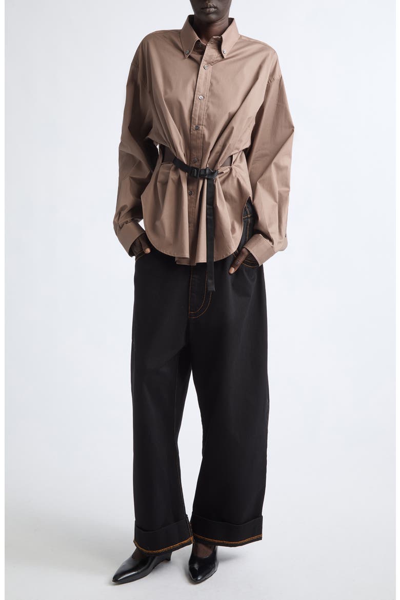 Belted Cotton Button-Down Shirt, Alternate, color, TAUPE