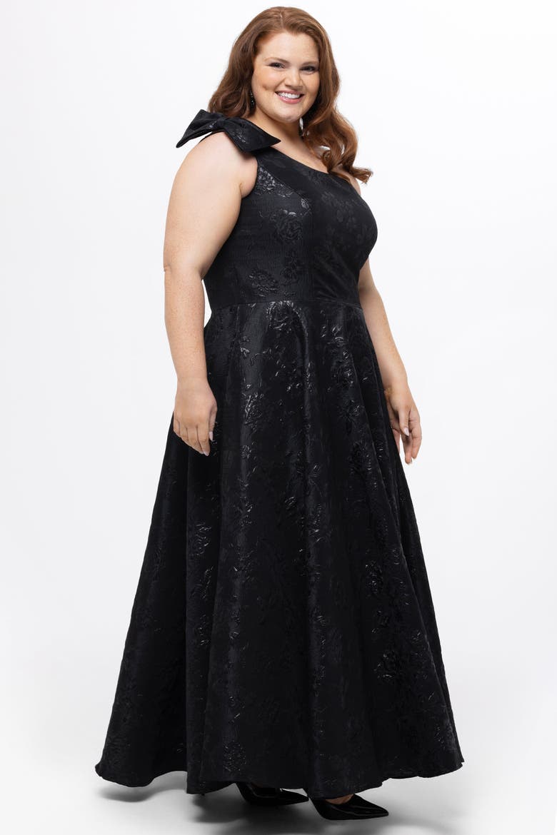 One Shoulder Brocade Plus Size Formal Dress with Bow, Alternate, color, Black/Black